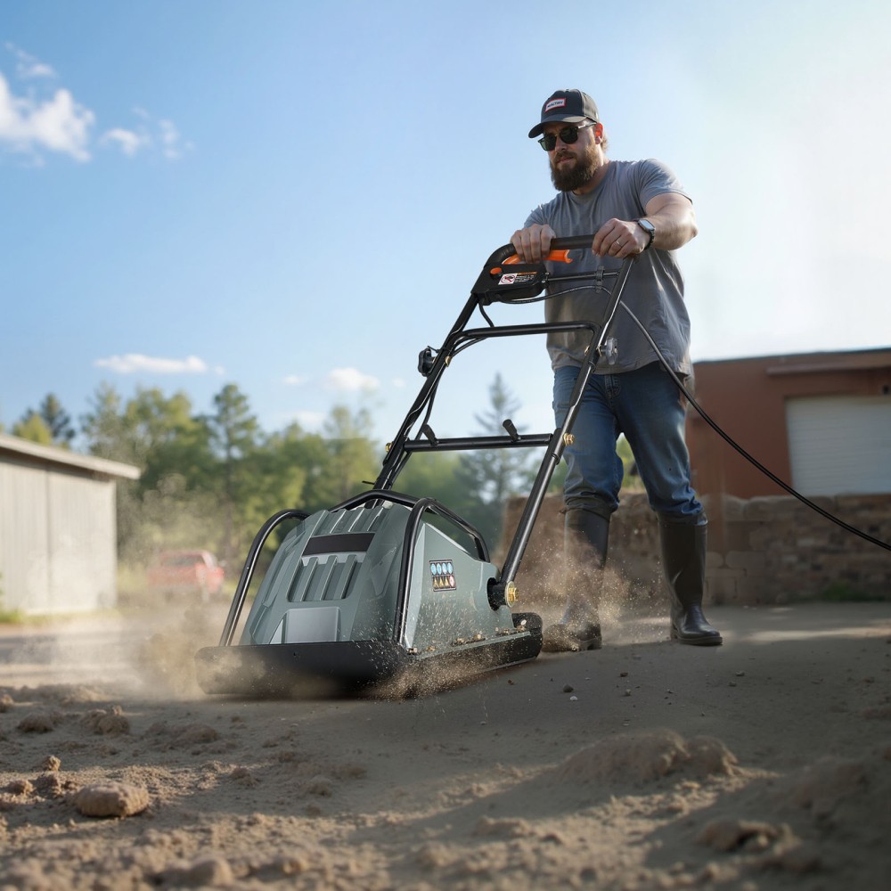 Plate Compactor, 130W Output Electric Ground Rammer, 5 kN Force, 3.9 in Depth