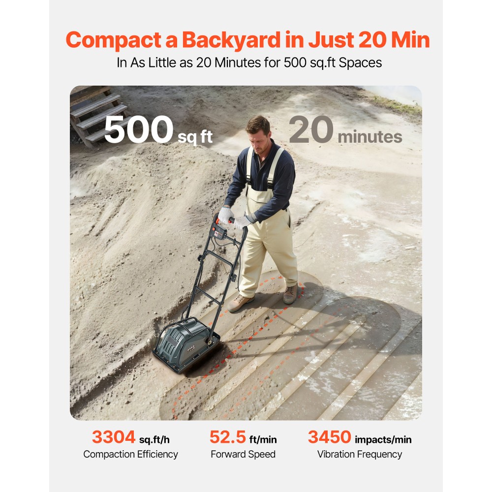 Plate Compactor, 130W Output Electric Ground Rammer, 5 kN Force, 3.9 in Depth