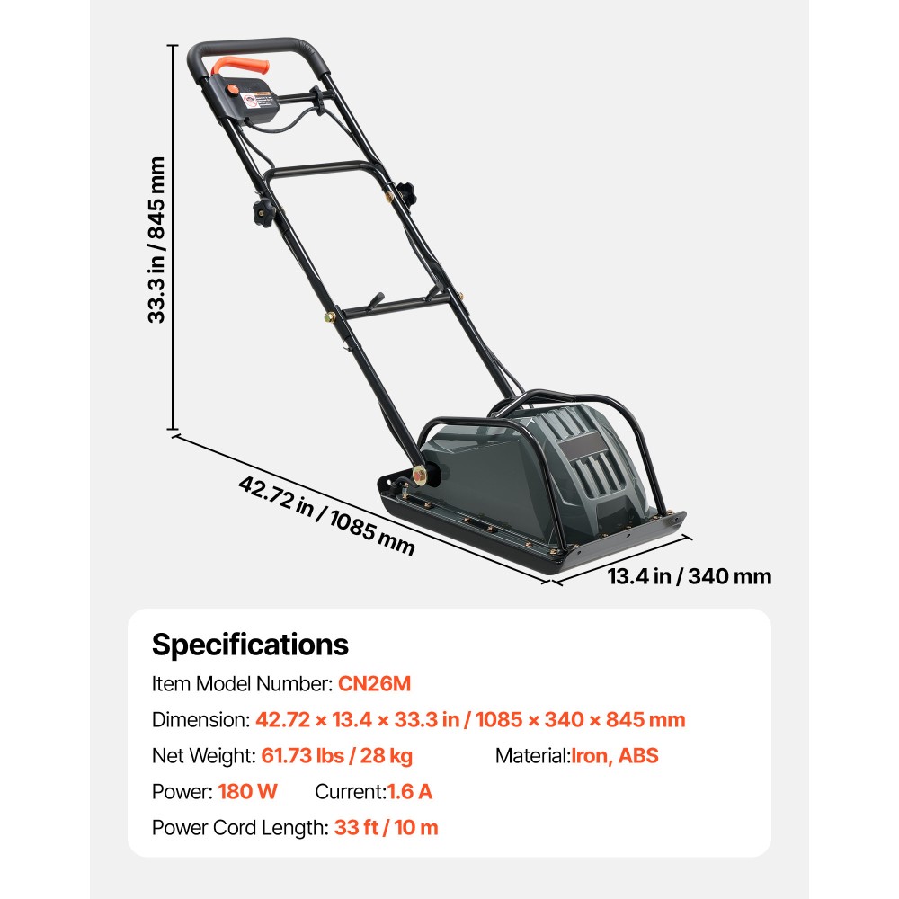 Plate Compactor, 130W Output Electric Ground Rammer, 5 kN Force, 3.9 in Depth